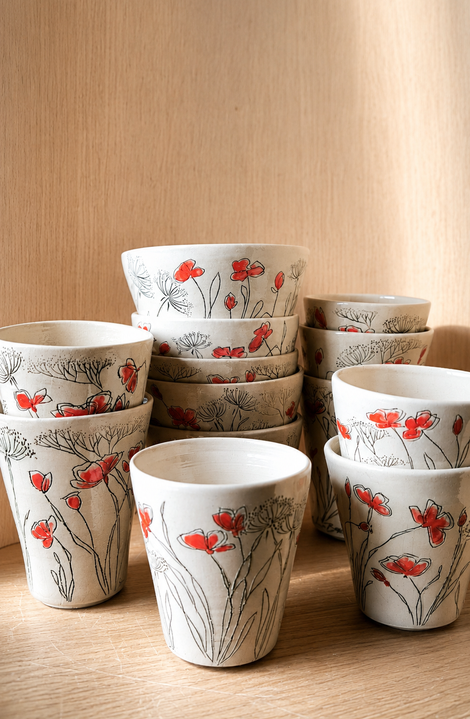 Tasses en grès décorées de coquelicots