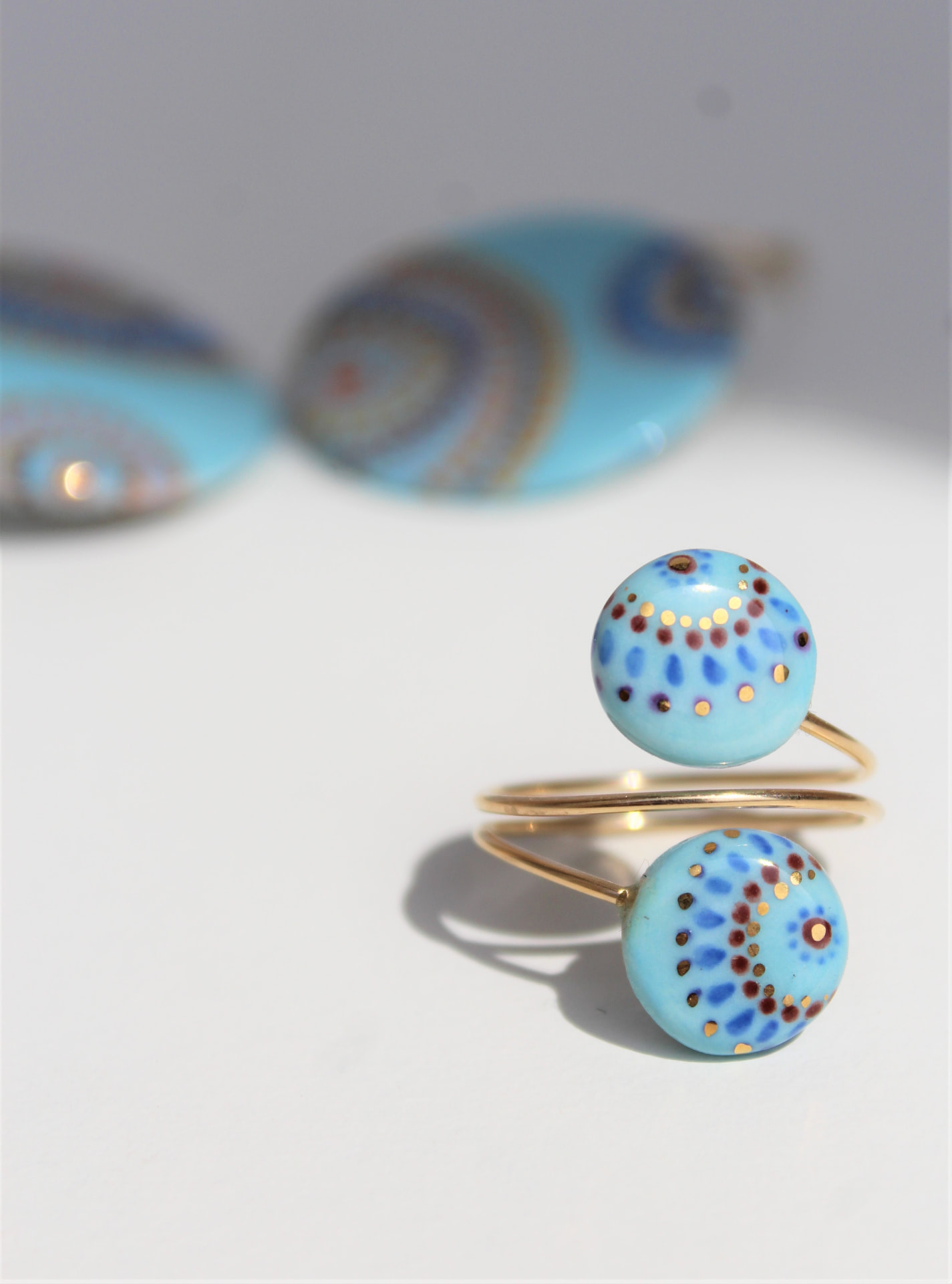 Bague Toi et Moi en porcelaine turquoise peinte à la main